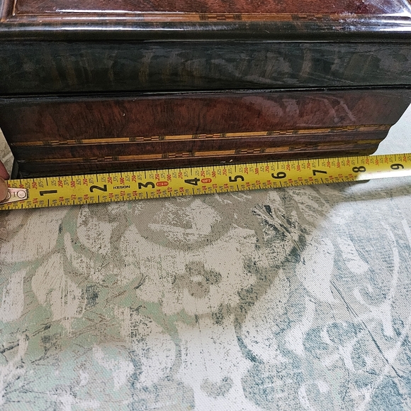 Deep Rich Marquetry Glossy Finish Wooden Wood Jewelry Box Gold Tone Hardware - Picture 6 of 15